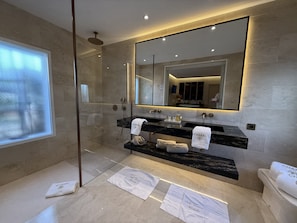 Combined shower/tub, hair dryer, bathrobes, bidet
