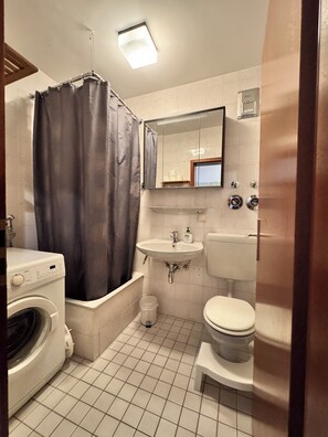 Une salle de bain équipée d’un lave-linge, d’un lavabo, de toilettes et d’un rideau de douche.
