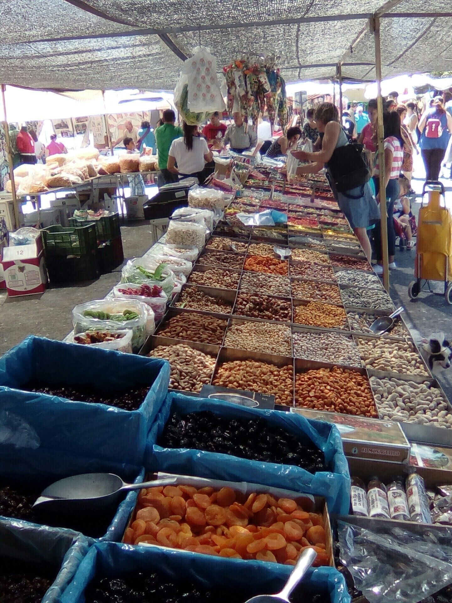 A market stall with various food items, including nuts and dried fruits, under a canopy.