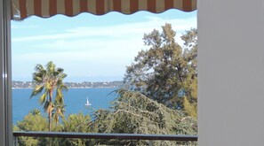A view from a balcony overlooking a coastal area with a sailboat on the water, palm trees, and a distant shoreline with buildings.