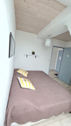 Une chambre avec un grand lit, un luminaire suspendu, une petite étagère avec une plante et une porte donnant sur une autre pièce.