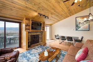 Flat-screen TV, fireplace