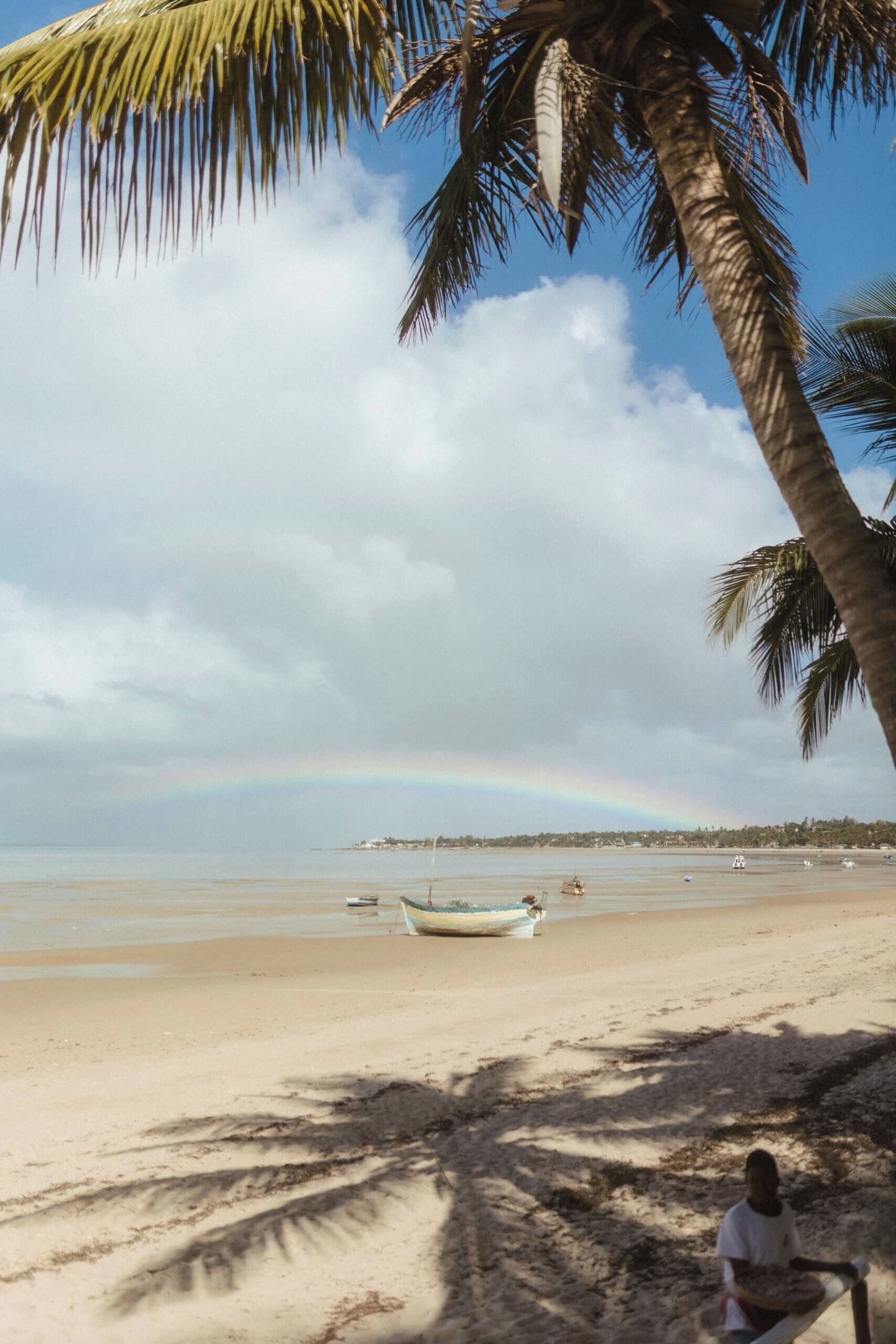 A beach with a boat, palm trees, and a rainbow.
