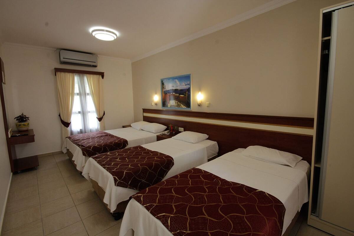 A hotel room with three single beds, a small table with a plant, an air conditioning unit, a painting on the wall, and a window with curtains.