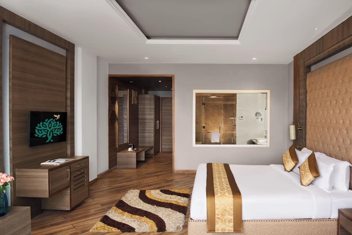 A modern hotel room with a large bed, a TV on the wall, a wooden wardrobe, and a bathroom visible through a glass door.