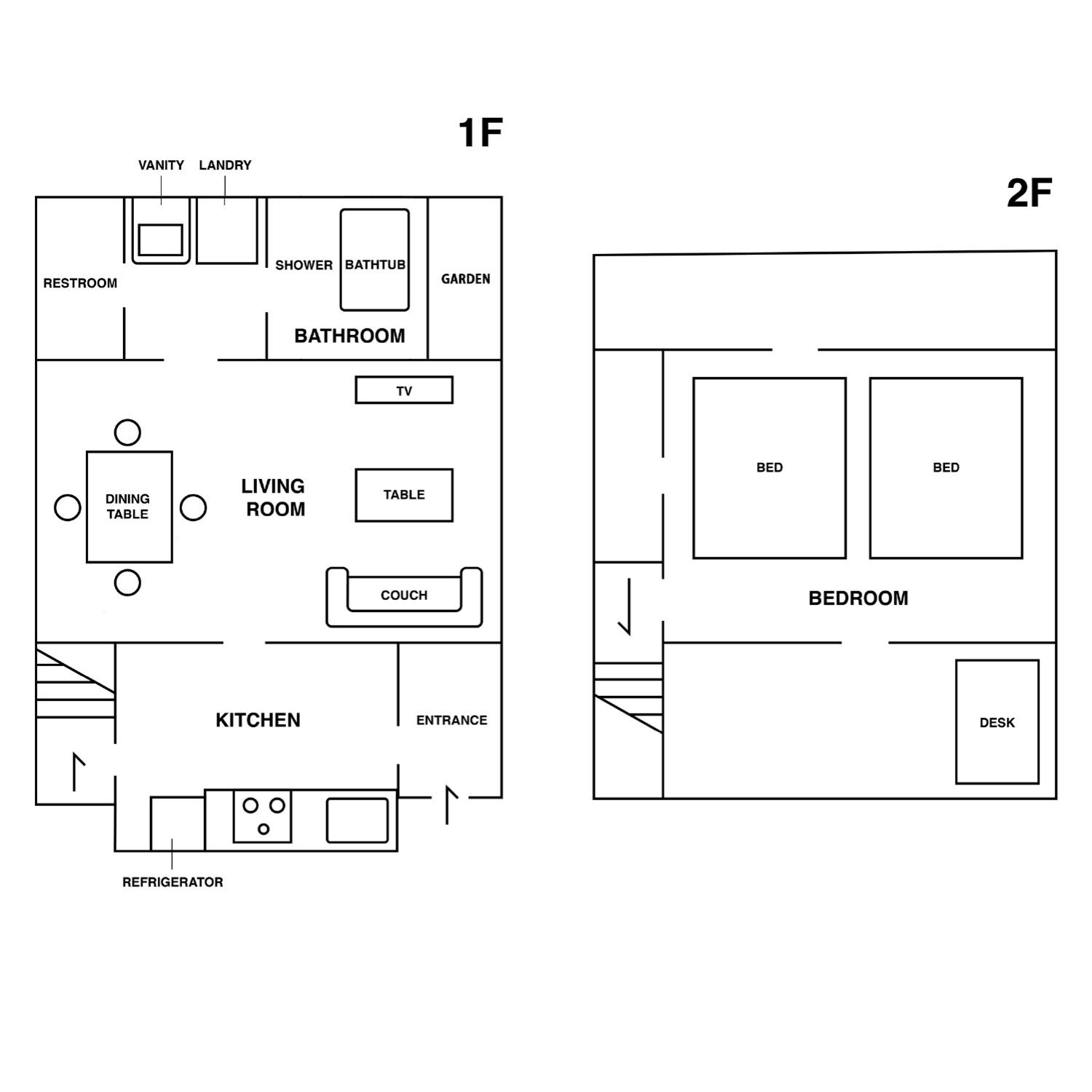 A floor plan of a hotel with two bedrooms, a living room, dining area, kitchen, bathroom, and a garden.