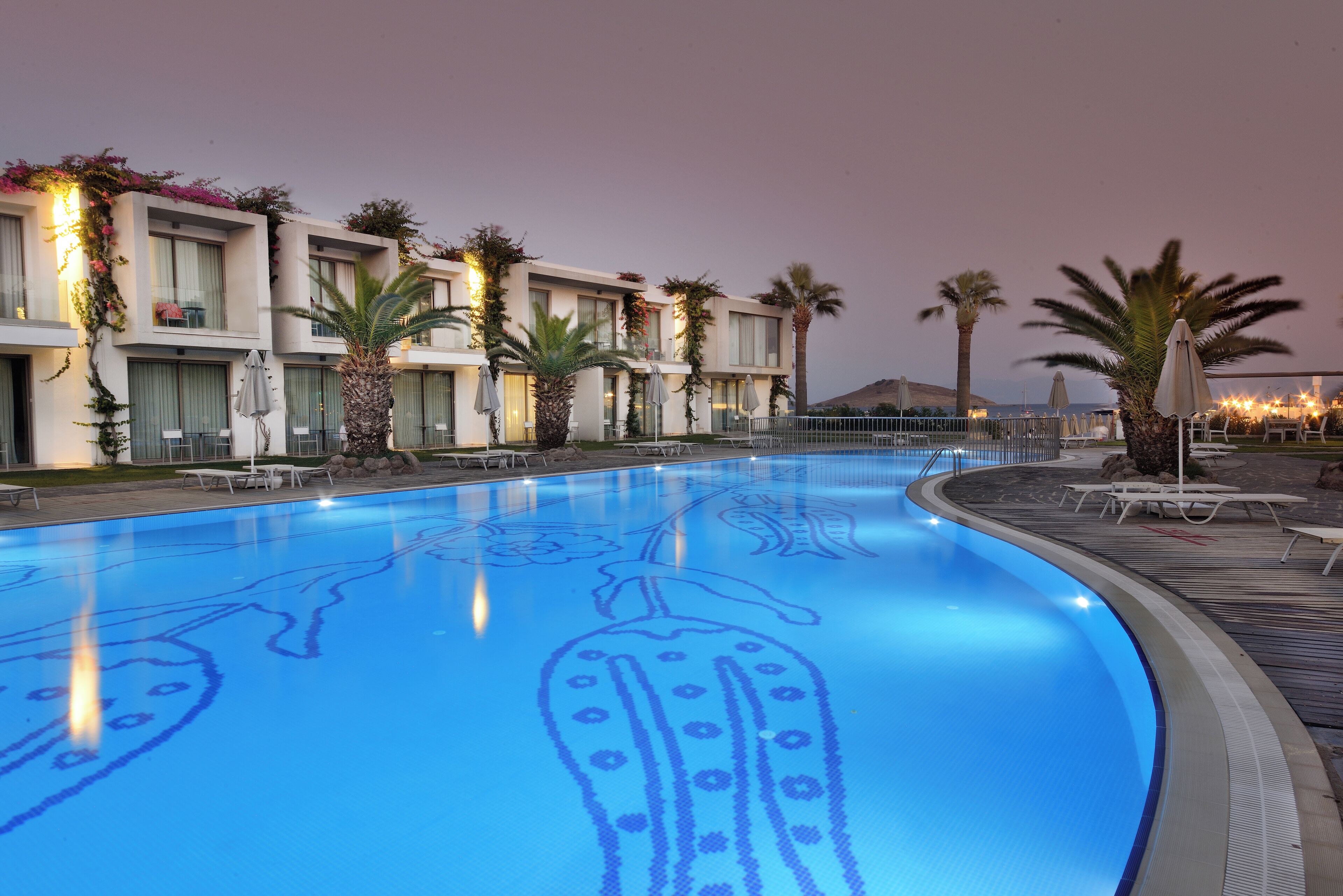 outdoor pool, pool umbrellas, pool loungers