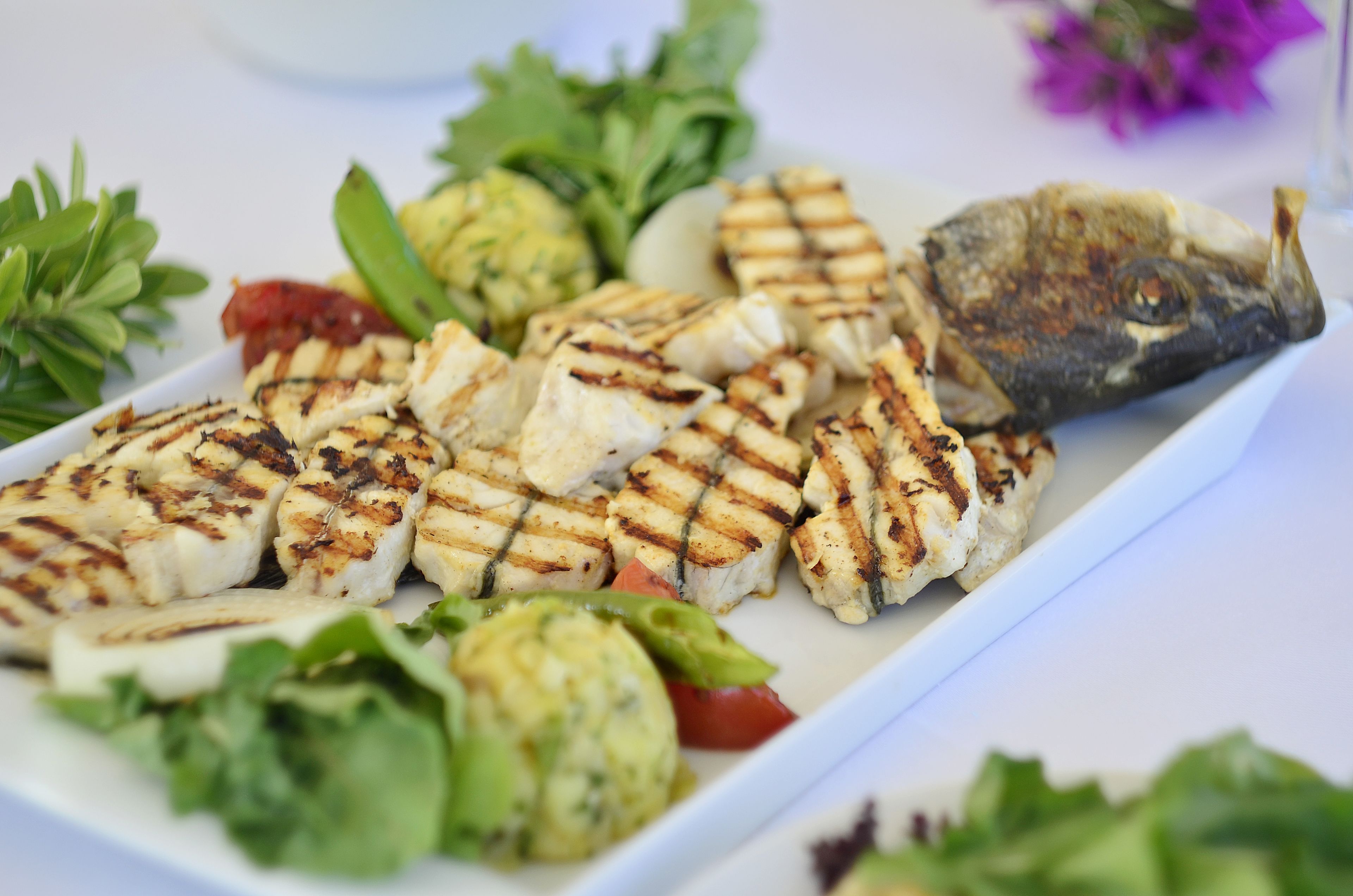 A plate of grilled chicken and fish with vegetables.
