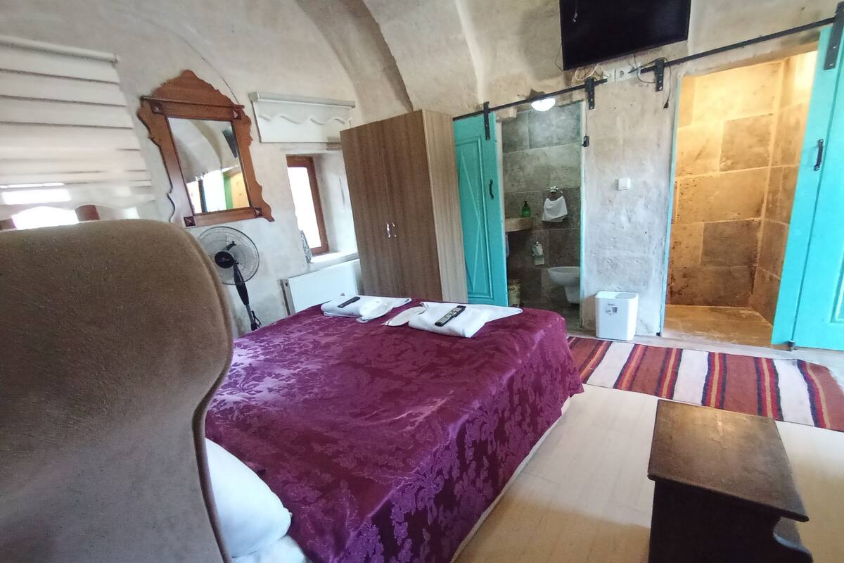 A bedroom with a bed, a chair, a desk, a mirror, a fan, and a bathroom with a shower and toilet.