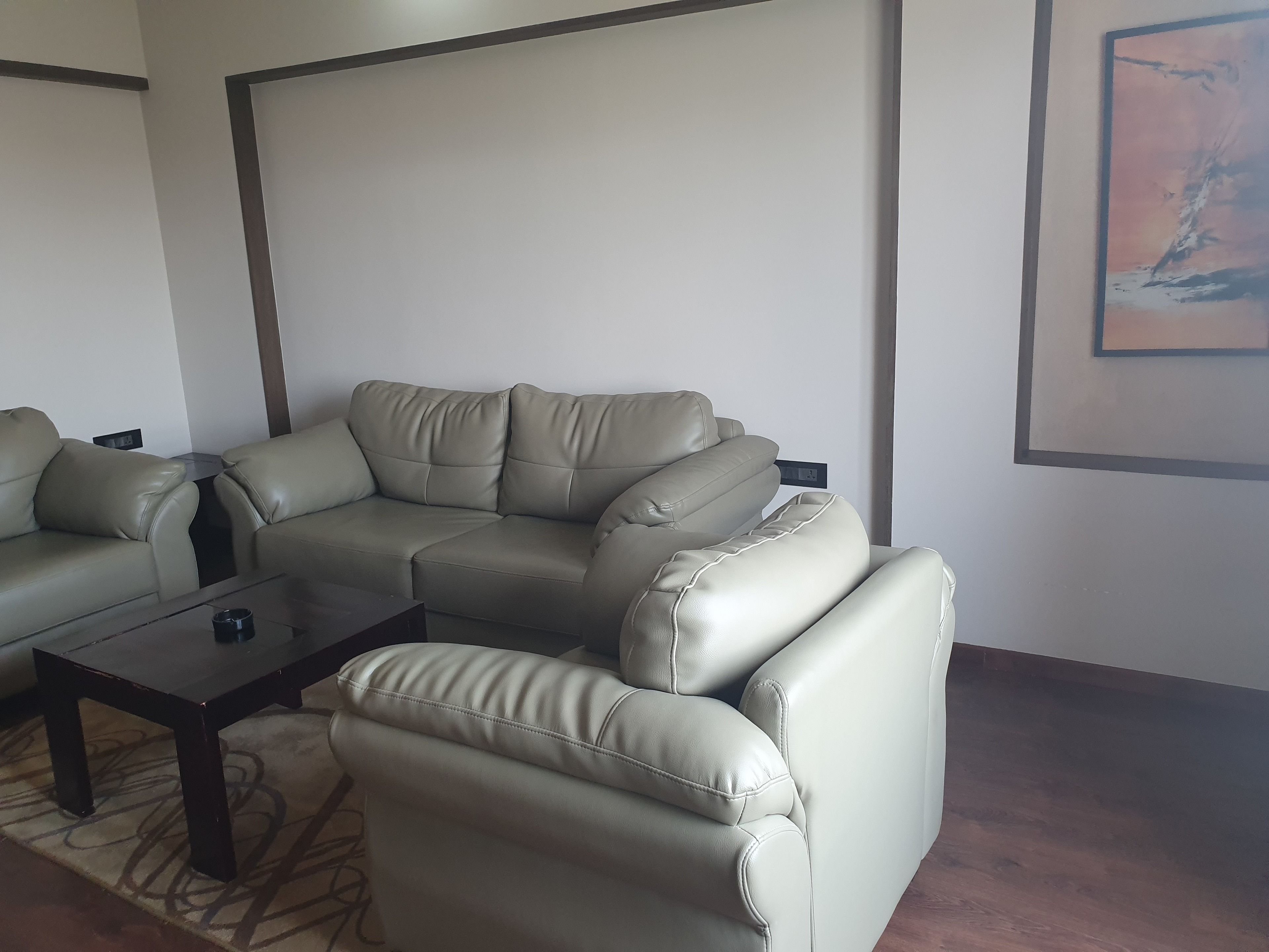 A modern living room with a sectional sofa, a coffee table, and a rug.