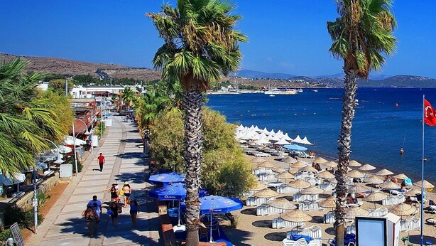 Un paseo marítimo con palmeras, sombrillas de playa y vista al mar.