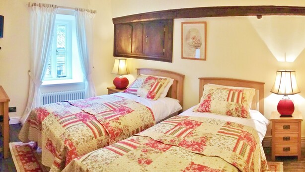 A bedroom with two beds, a window with curtains, a wooden headboard, a bedside table with a lamp, and a small drawer unit. - The Firecat Country House B&B (Machynlleth)