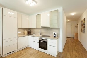 Deluxe studio, 1 slaapkamer, toegankelijk voor mindervaliden | Privékeuken | Een koelkast met diepvriezer, een kookplaat, een vaatwasser