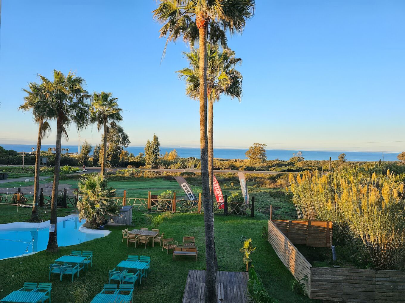 A pool area with chairs and tables, palm trees, and a view of the ocean.