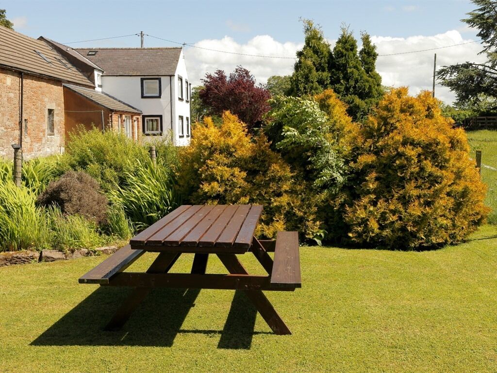Een picknicktafel in een gazon met een huis en bomen op de achtergrond.