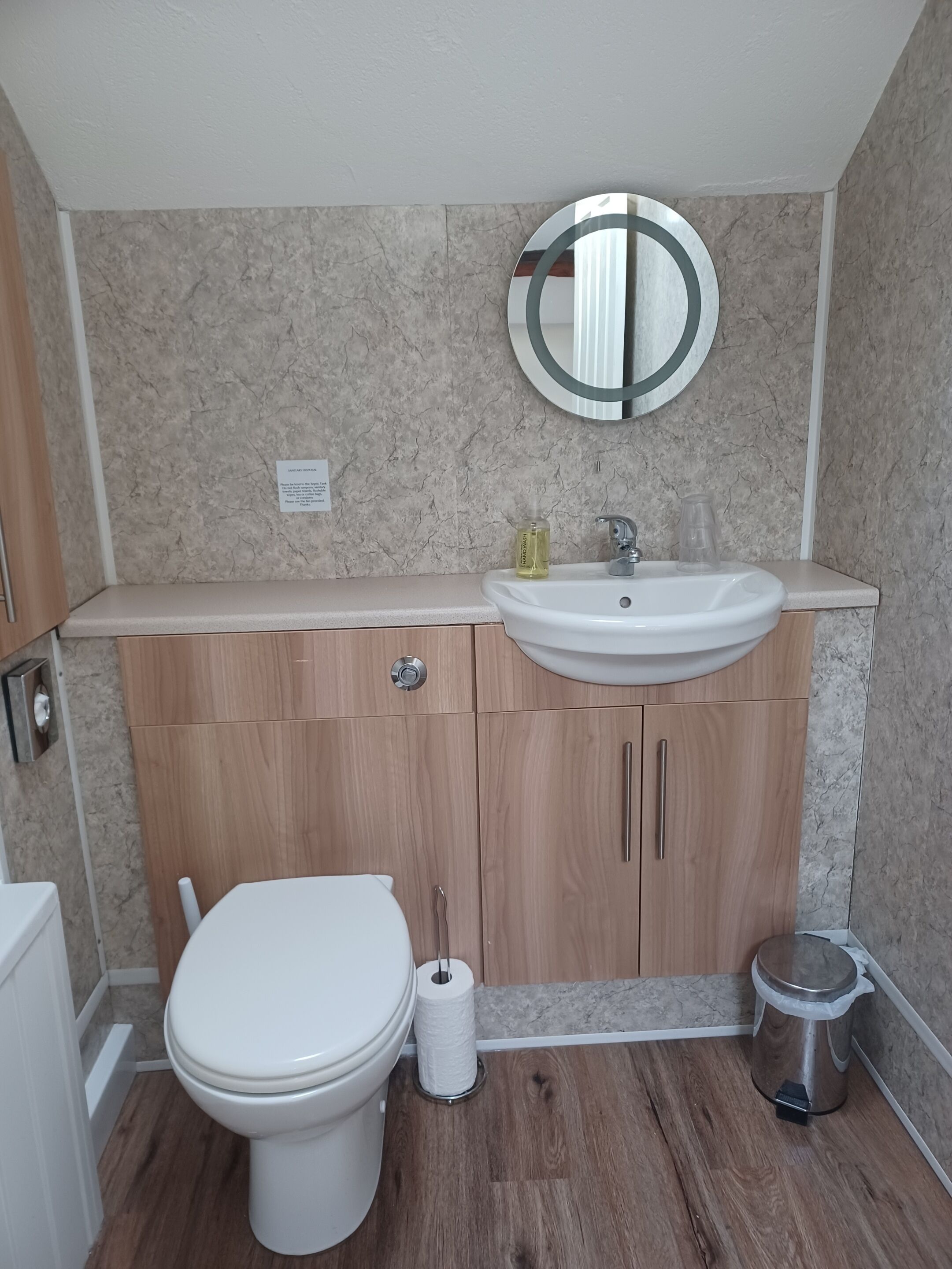 A bathroom with a toilet, sink, and mirror.