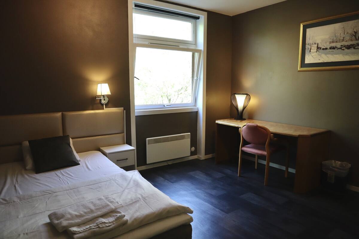 A hotel room with a bed, bedside table, desk, chair, window, radiator, and a framed picture on the wall.