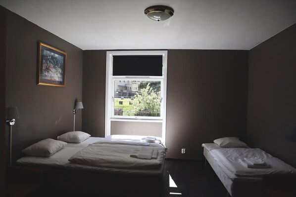 A room with two beds, a window with a view of greenery and buildings, and a ceiling light fixture.