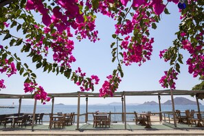 An outdoor dining area with tables and chairs, overlooking a body of water and distant mountains.