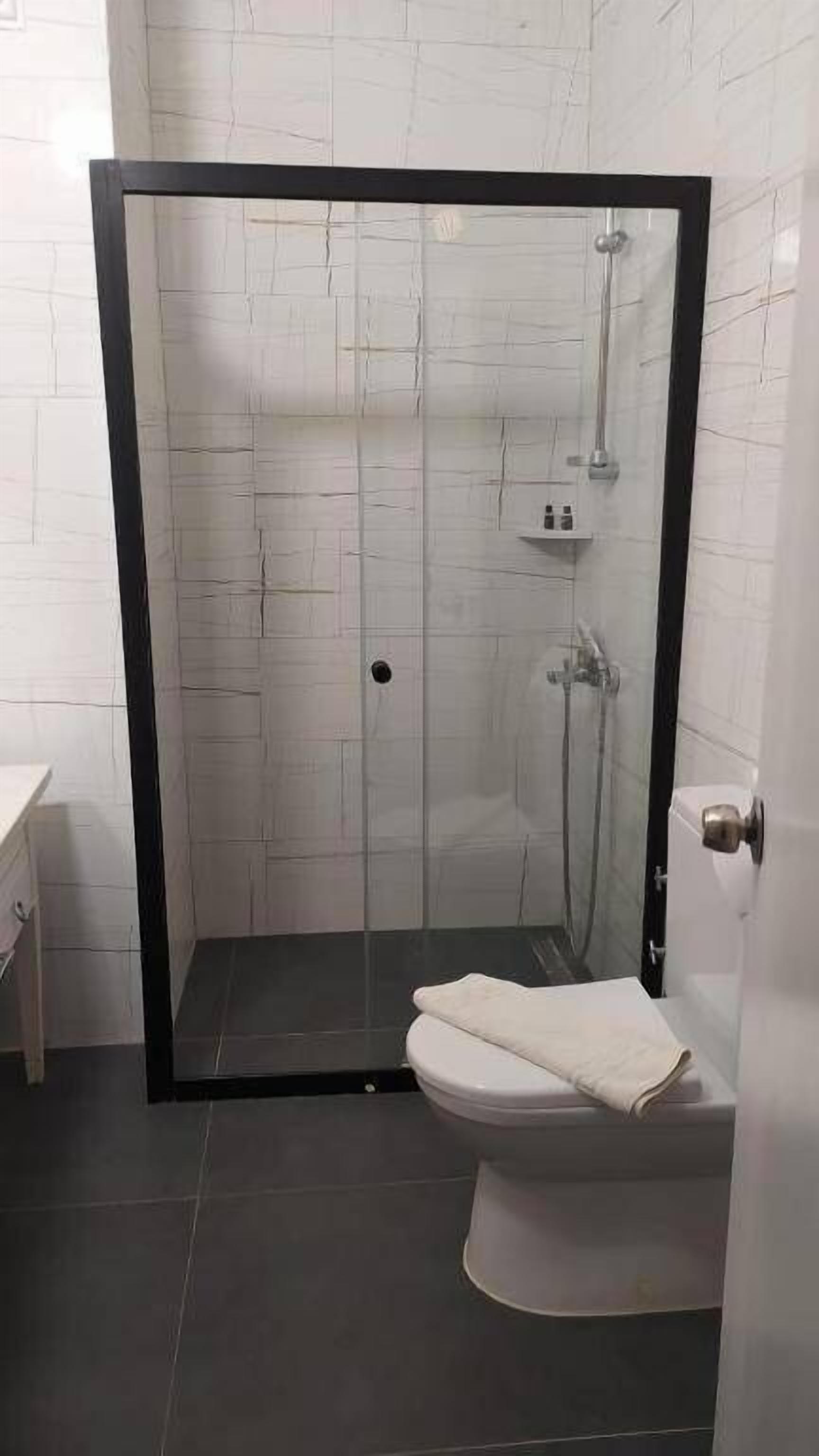 Ein Badezimmer mit einer Duschkabine, einer weißen Toilette und einem weißen Waschbecken.