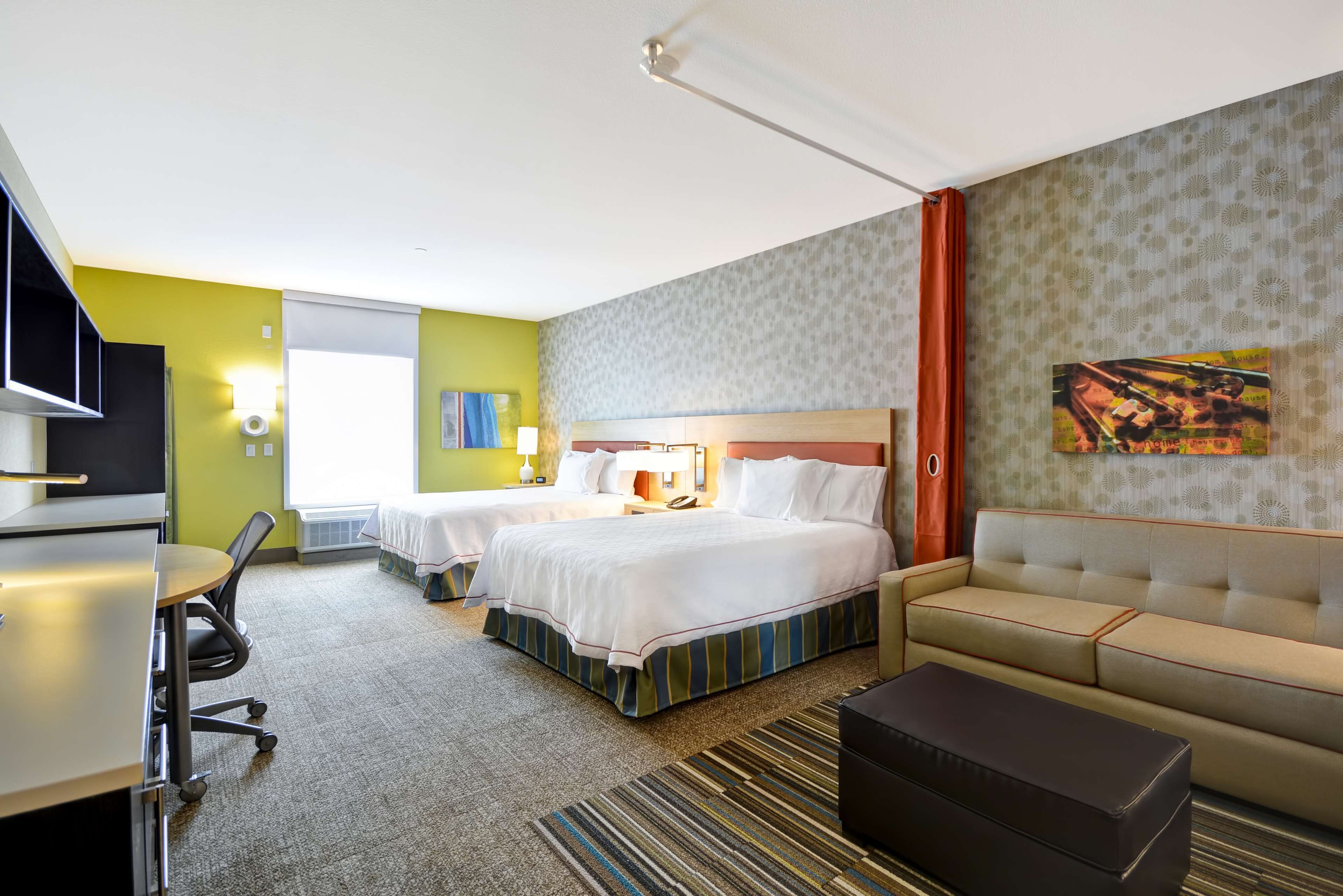 premium bedding, desk, blackout curtains, iron/ironing board