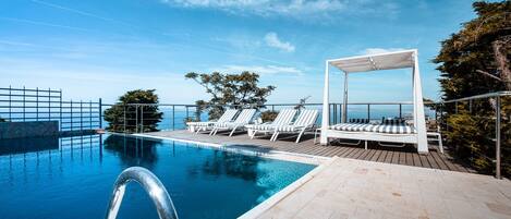 Outdoor pool, pool umbrellas, pool loungers