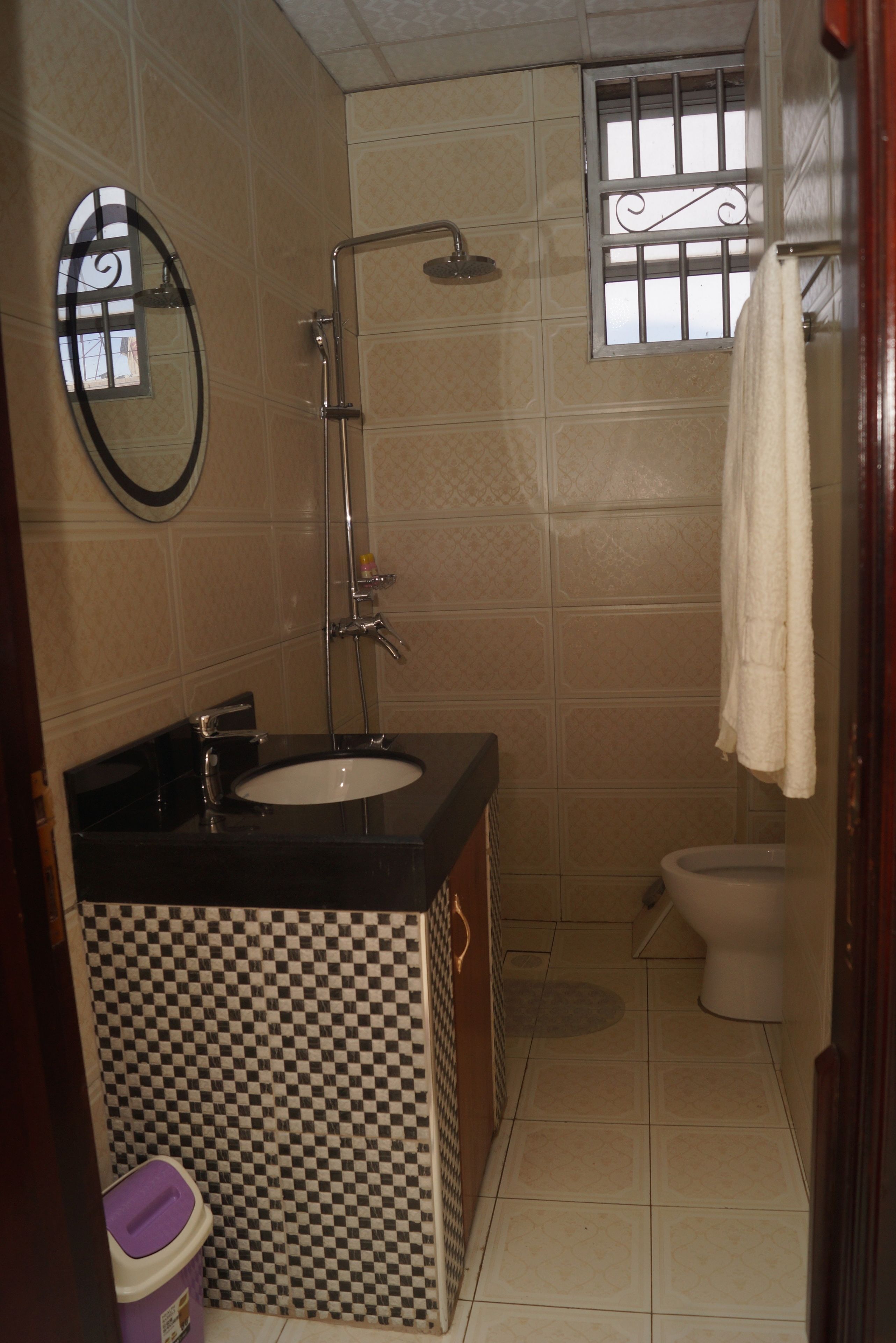A bathroom with a sink, mirror, shower, and toilet.