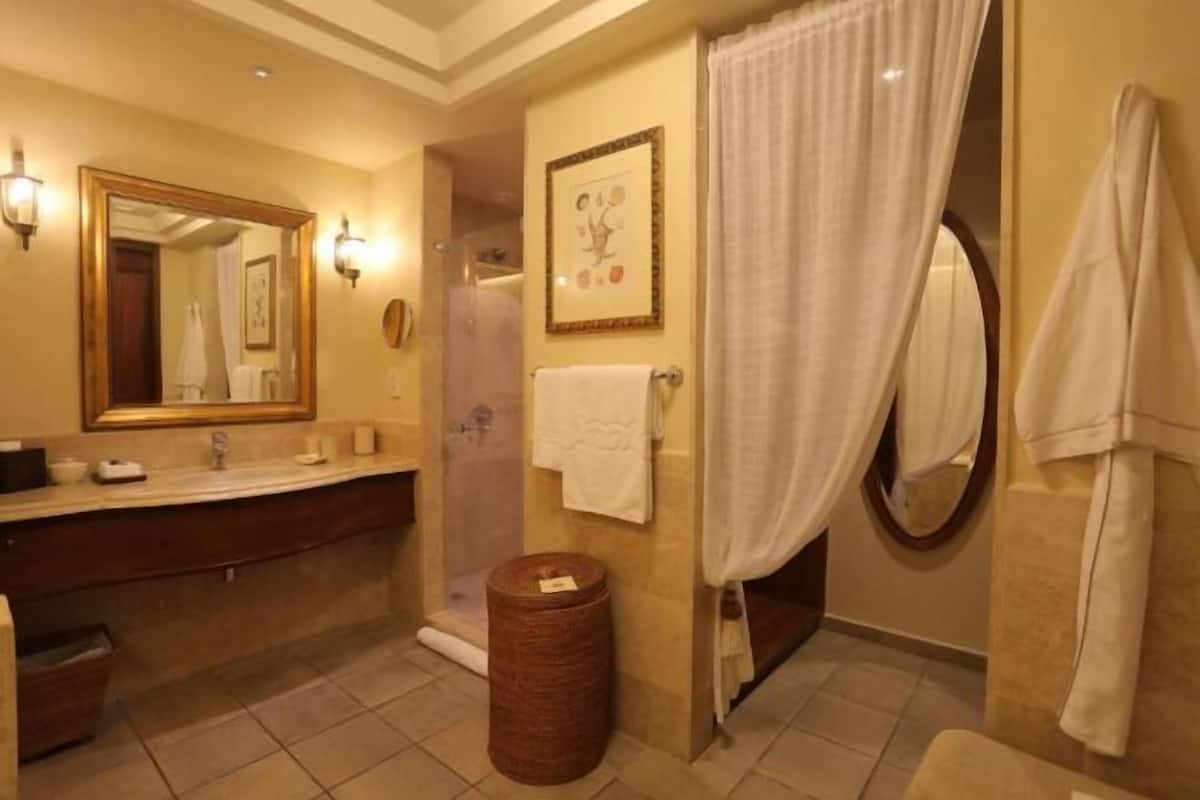 Shower, eco-friendly toiletries, hair dryer, bathrobes