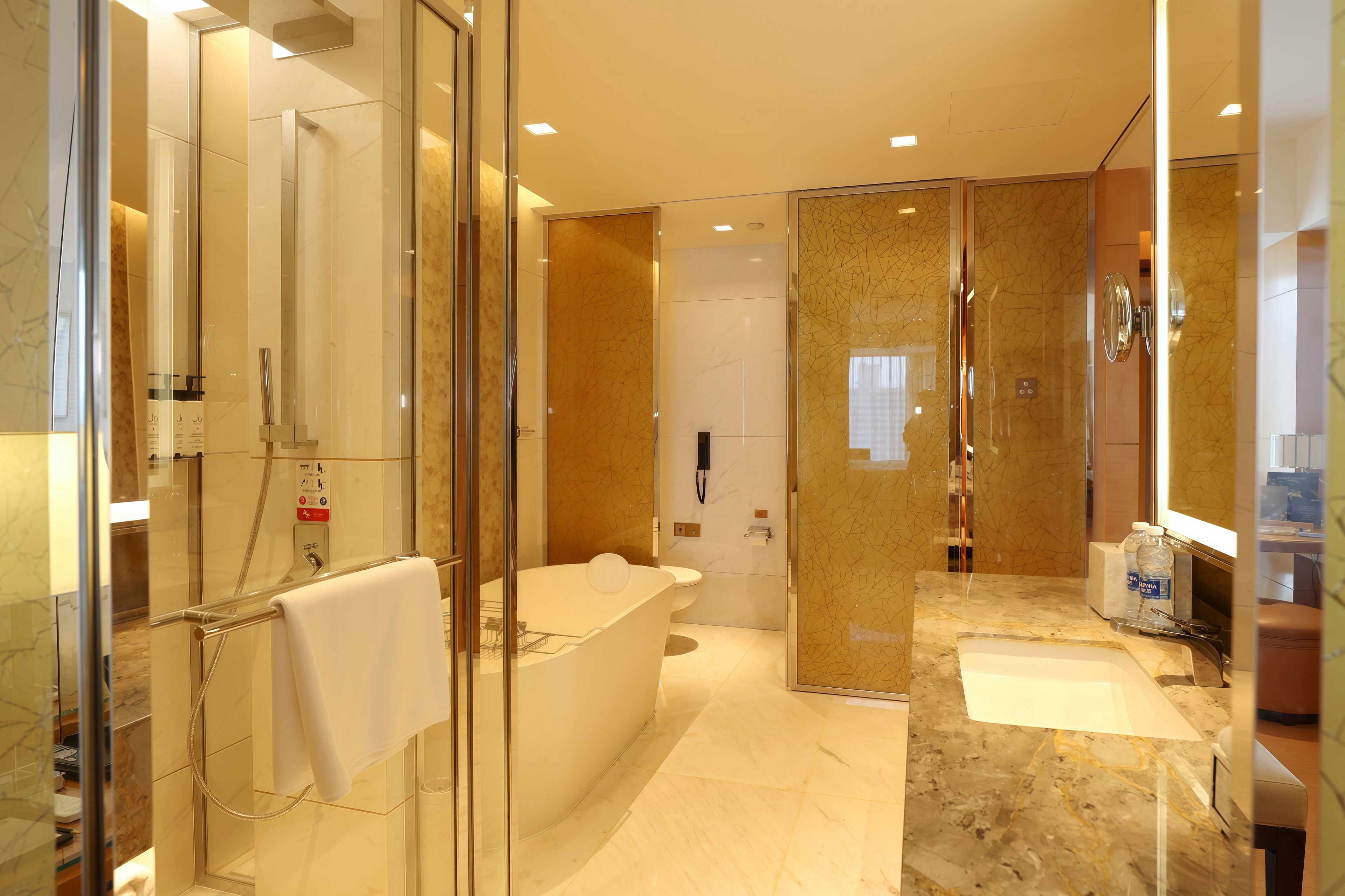 family room | bathroom | rainfall showerhead, free toiletries, hair dryer, bathrobes