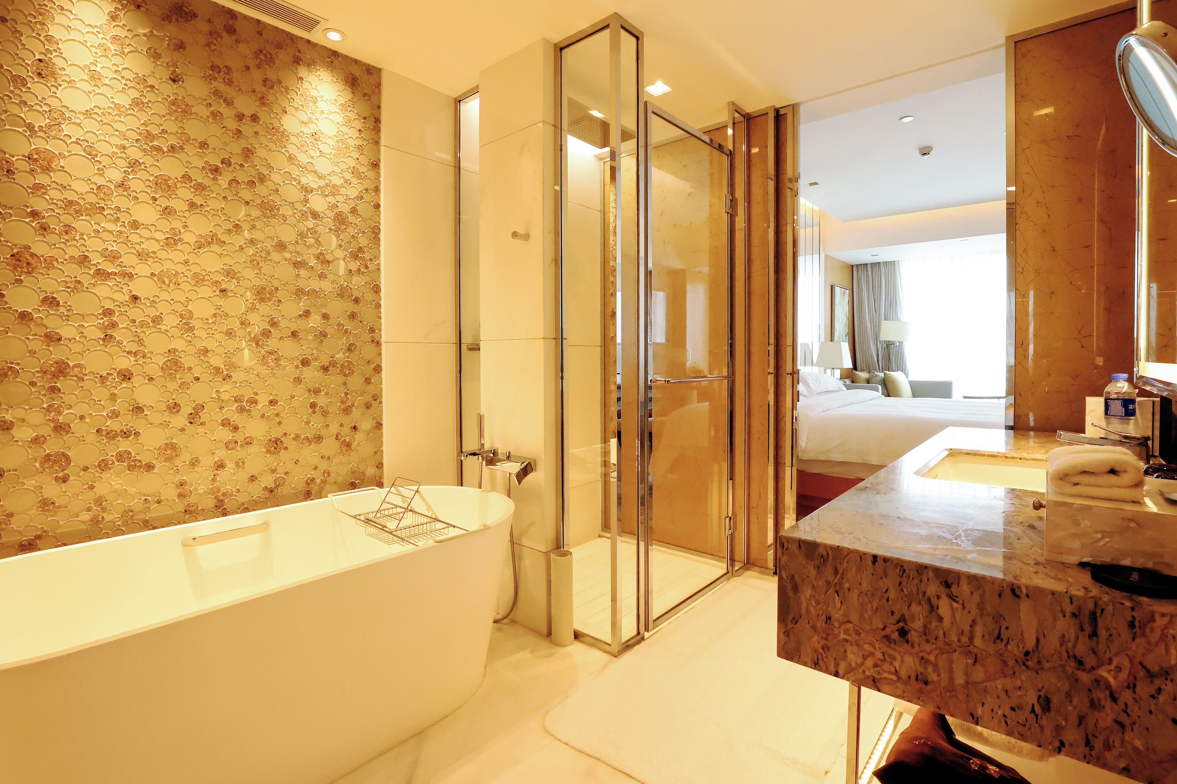 rainfall showerhead, free toiletries, hair dryer, bathrobes