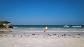 A beach with a person standing on the sand, boats in the water, and seaweed on the shore. - Jafferji Beach Retreat (Matemwe)