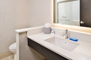 A modern bathroom with a white sink, a mirror, and a toilet. - Holiday Inn Express & Suites Kansas City - Lee's Summit by IHG (Lee's Summit)