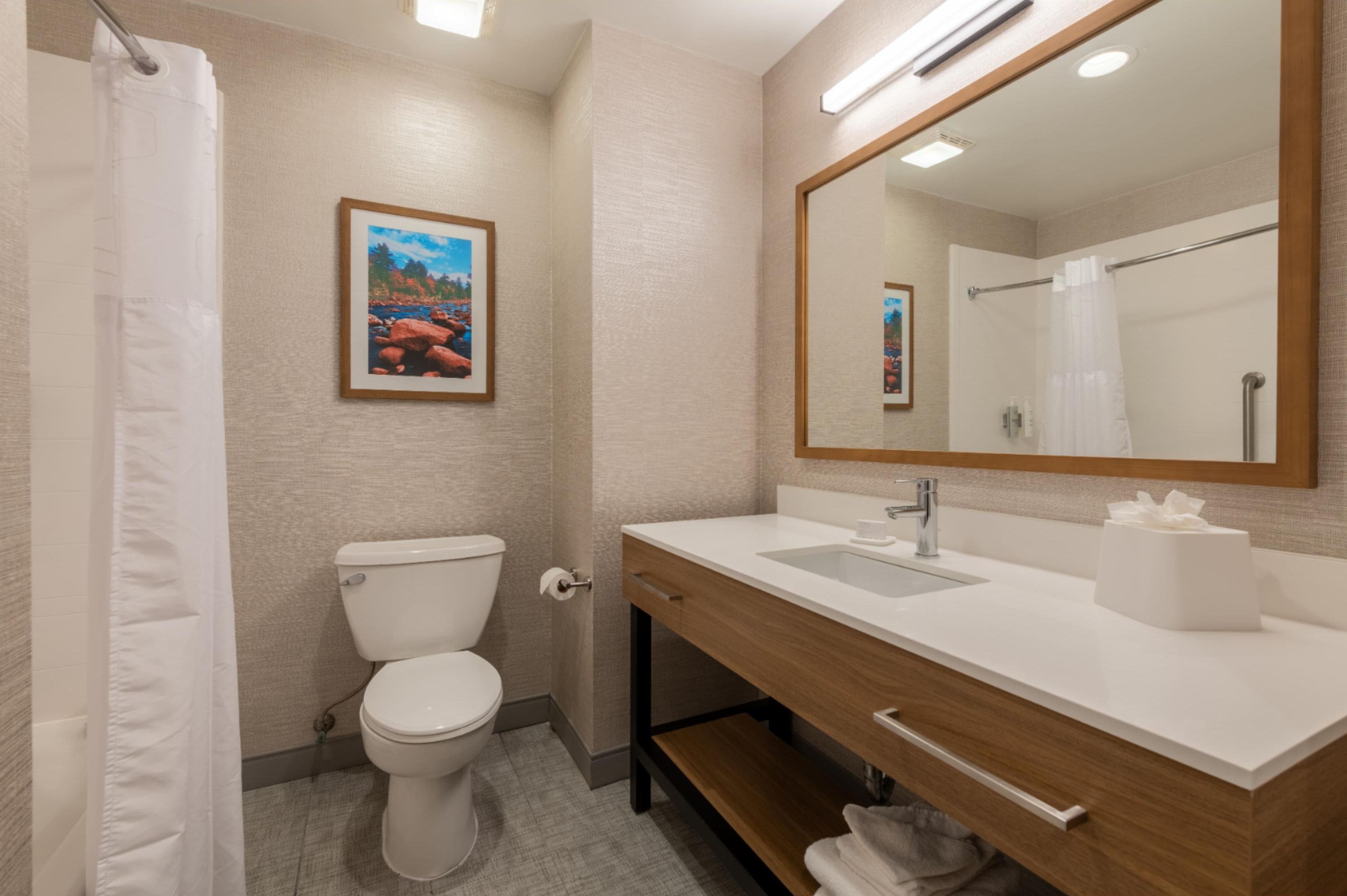 Combined shower/tub, free toiletries, hair dryer (on request), towels