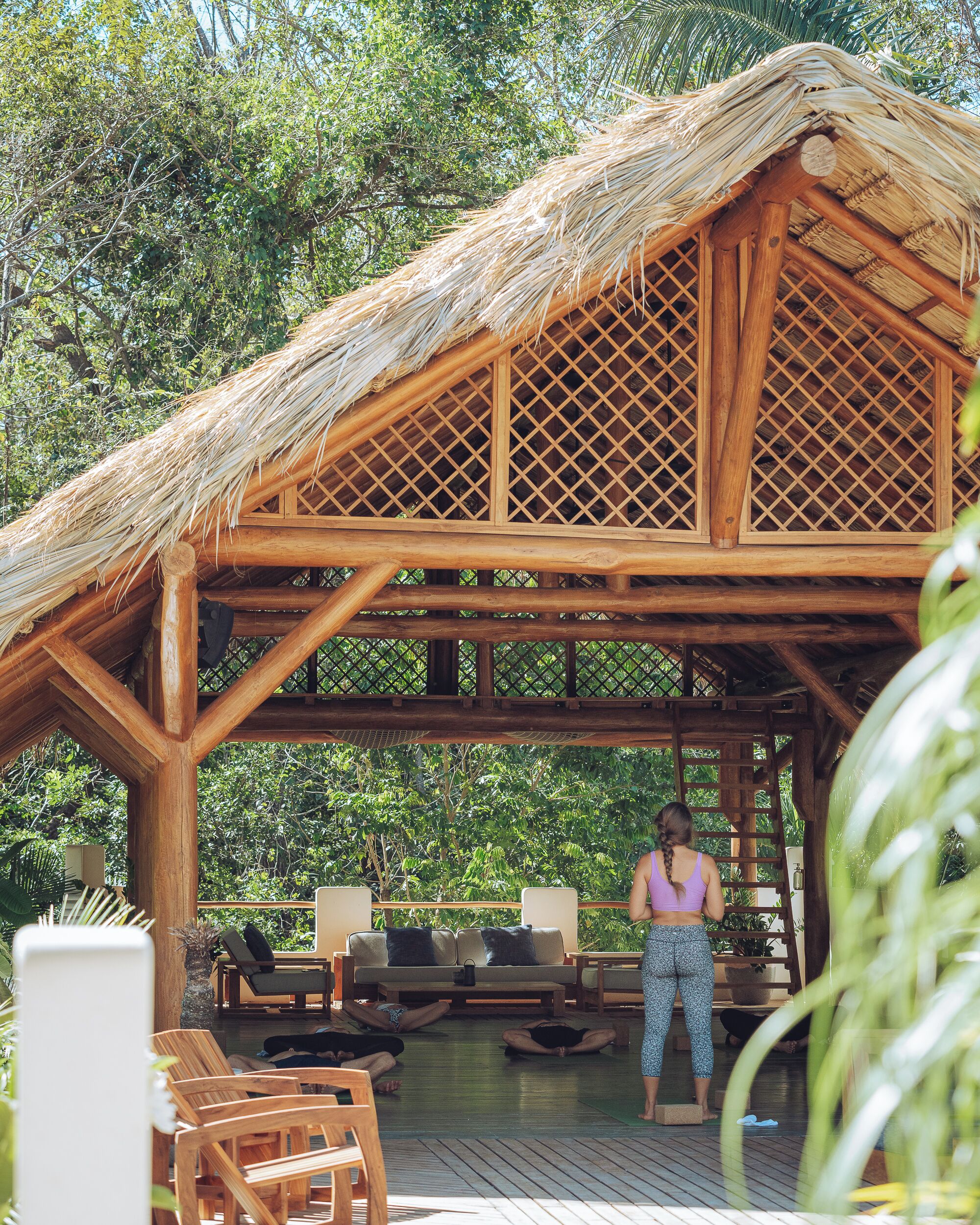 Una estructura de madera con techo de paja, rodeada de exuberante vegetación.