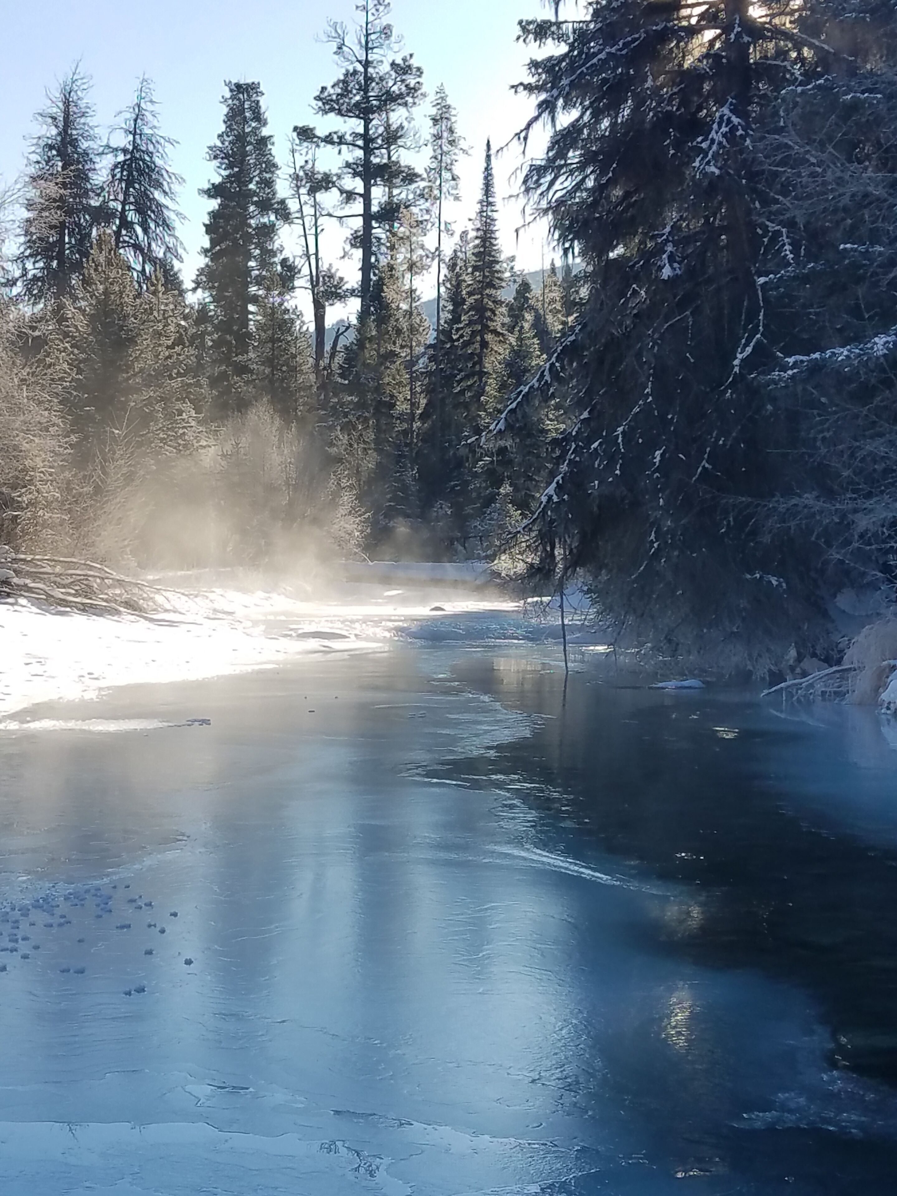 A frozen river with snow-covered trees and a clear sky.