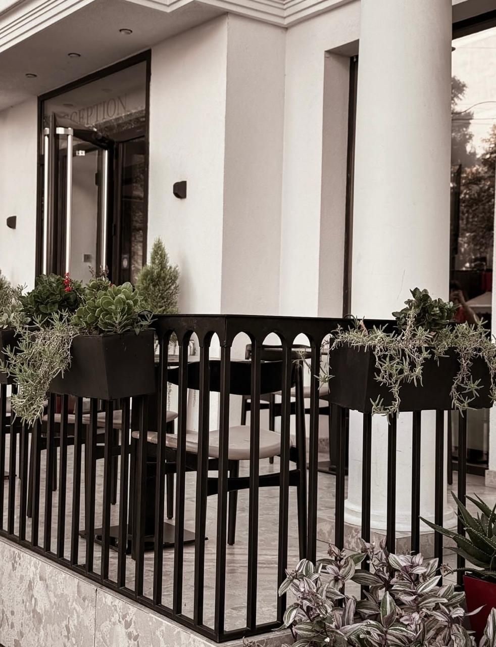 Zona de recepción con puerta de vidrio, cercado de metal negro con macetas, y fachada de edificio blanco.