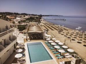 Outdoor pool, pool umbrellas, pool loungers