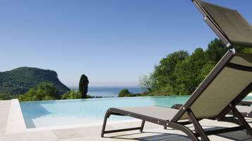 Outdoor pool, pool umbrellas, pool loungers