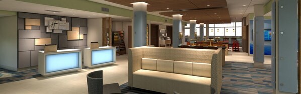Um lobby moderno com balcão de recepção, área de estar e uma ampla janela que oferece luz natural.