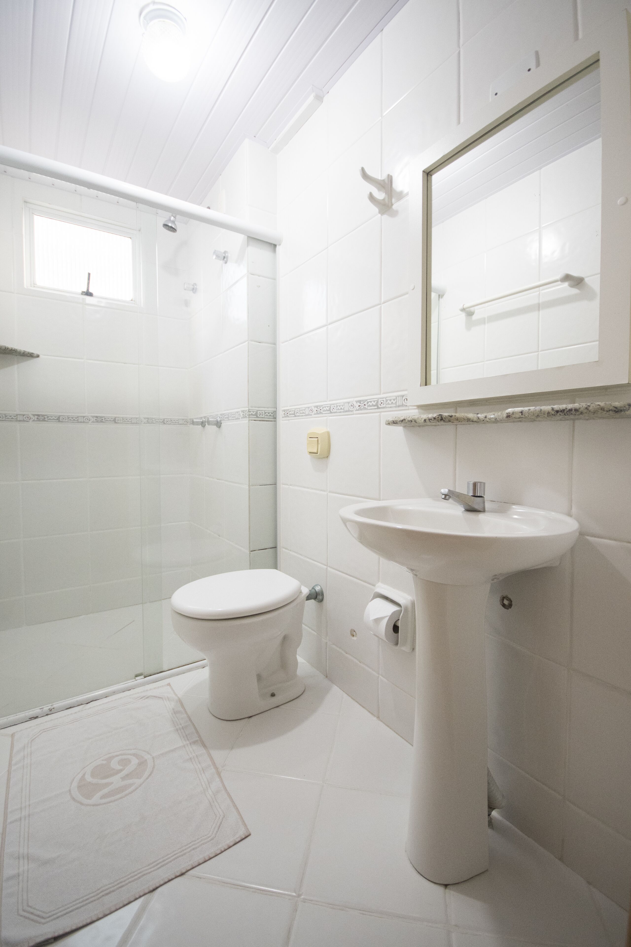 Un bagno con il water, un lavandino e una doccia.