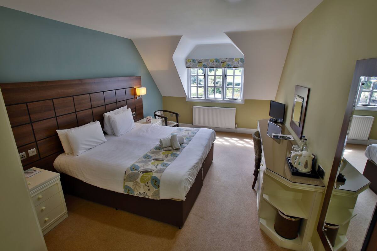 A hotel room with a large bed, a desk with a kettle, a radiator, and a window with a view of greenery.