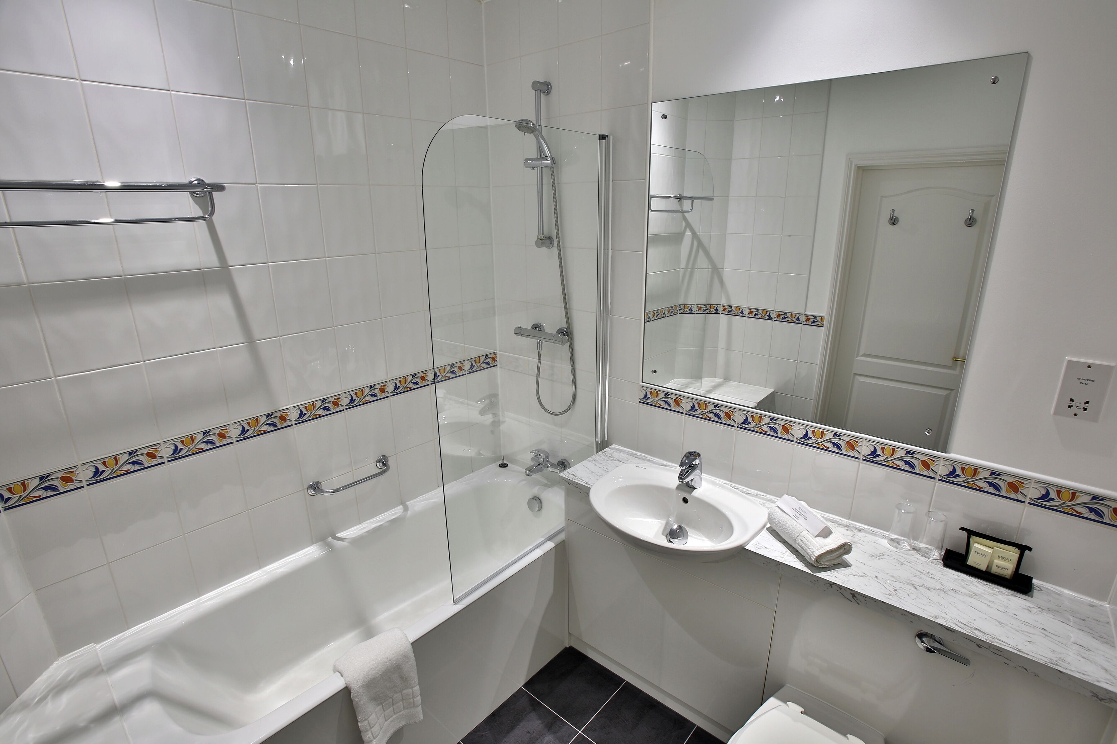 combined shower/bathtub, free toiletries, hair dryer, towels