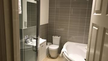 A modern bathroom with a glass shower enclosure, a white sink, a toilet, and a bathtub.
