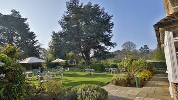 A garden with outdoor seating, a large tree, and a stone pathway.