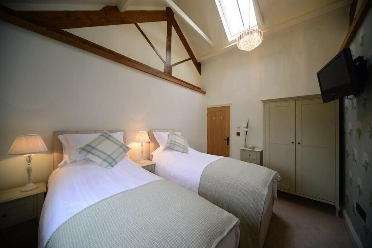 A bedroom with two beds, wooden beams, a chandelier, a wardrobe, and a television.