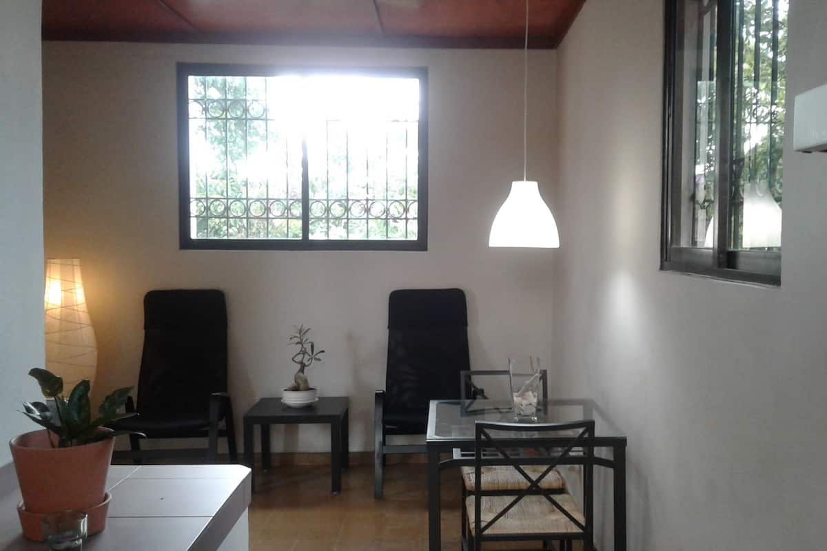 A room with two chairs, a small table, a potted plant, and a hanging light fixture.