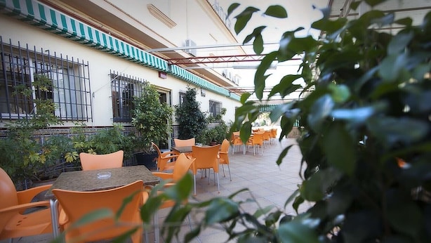 An outdoor patio with orange chairs and tables, surrounded by potted plants and a building with a tiled roof. - Catalan Hotel (Puerto Real)