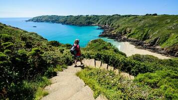 A person hiking on a stone path with a backpack, surrounded by lush greenery and overlooking a coastal area with clear blue waters.