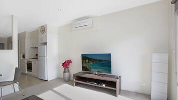 Executive-studiolejlighed - 1 soveværelse | Opholdsområde | 50-tommers fladskærms-tv med digitale kanaler, tv