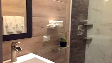 Shower, free toiletries, hair dryer, towels